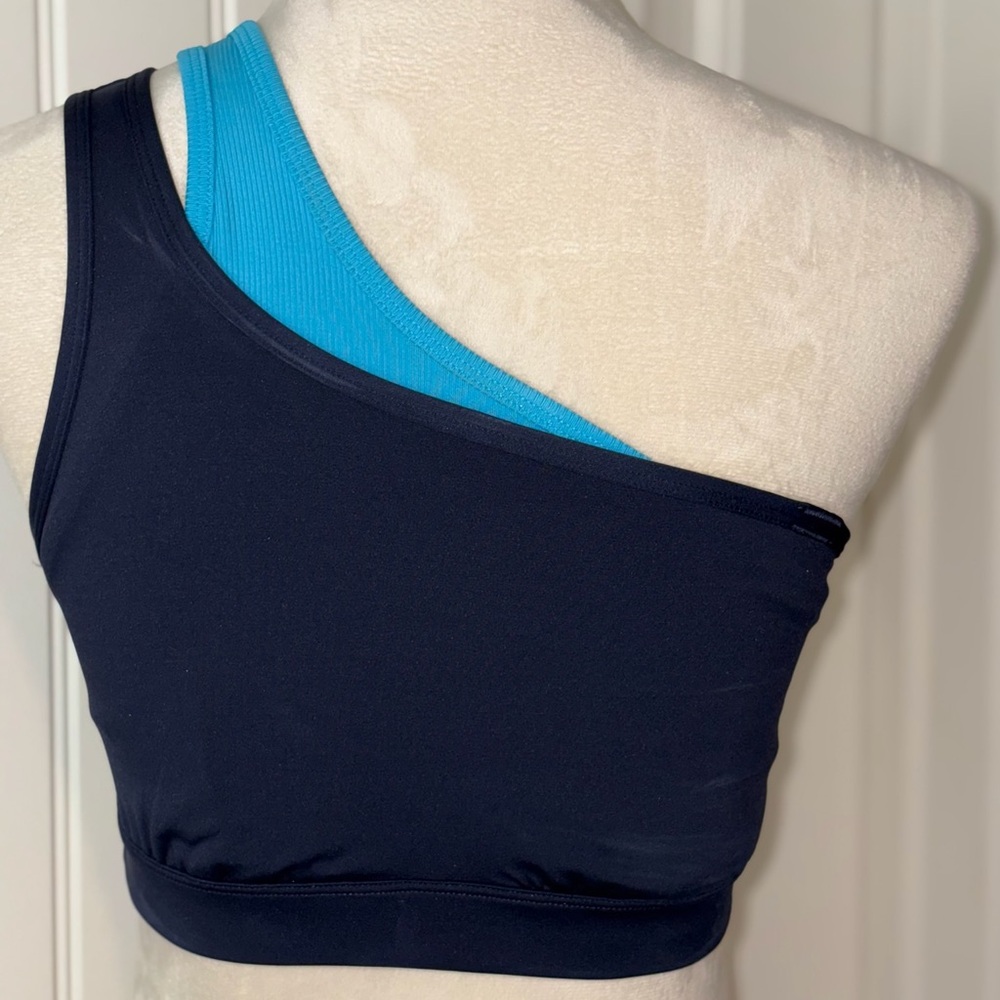 Peloton Navy and Teal Asymmetrical Sports Bra